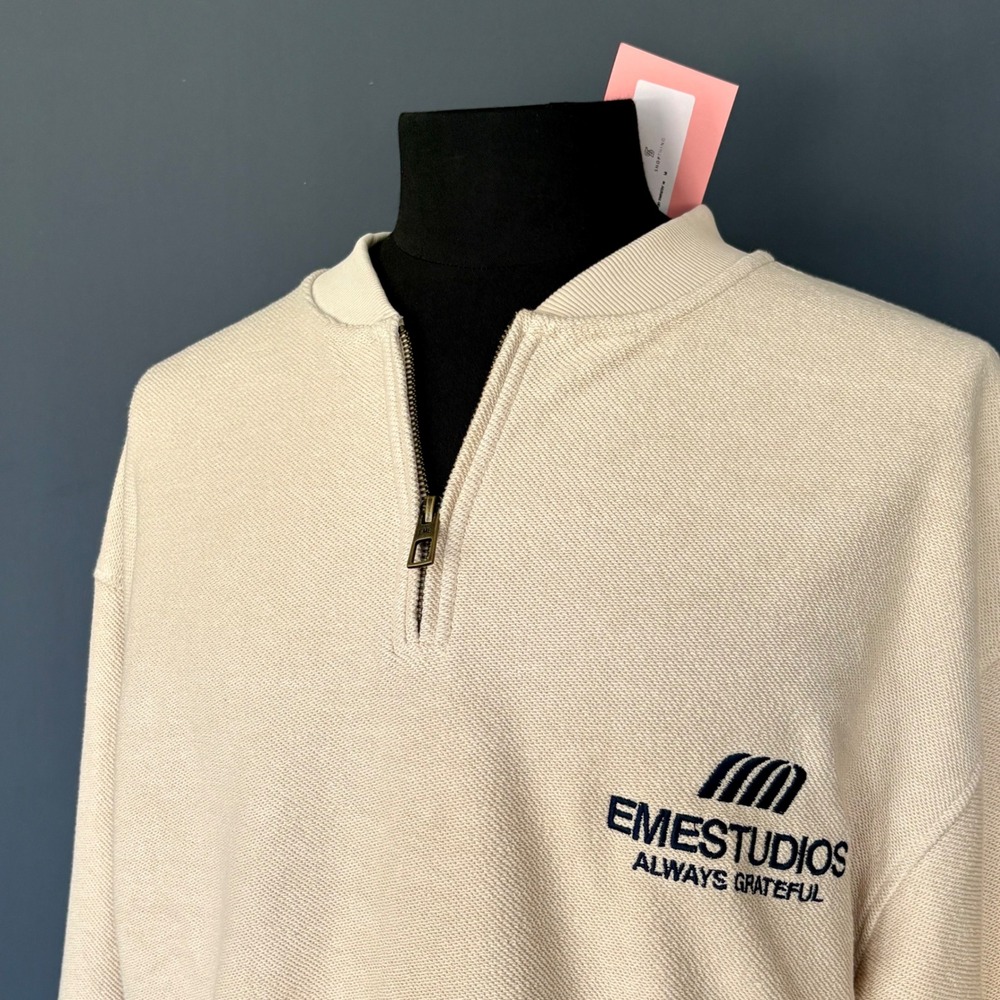 EME Studios Vanguard Quarter Zip Knit Sweater | Sz M | Off Sand Logo | Rare